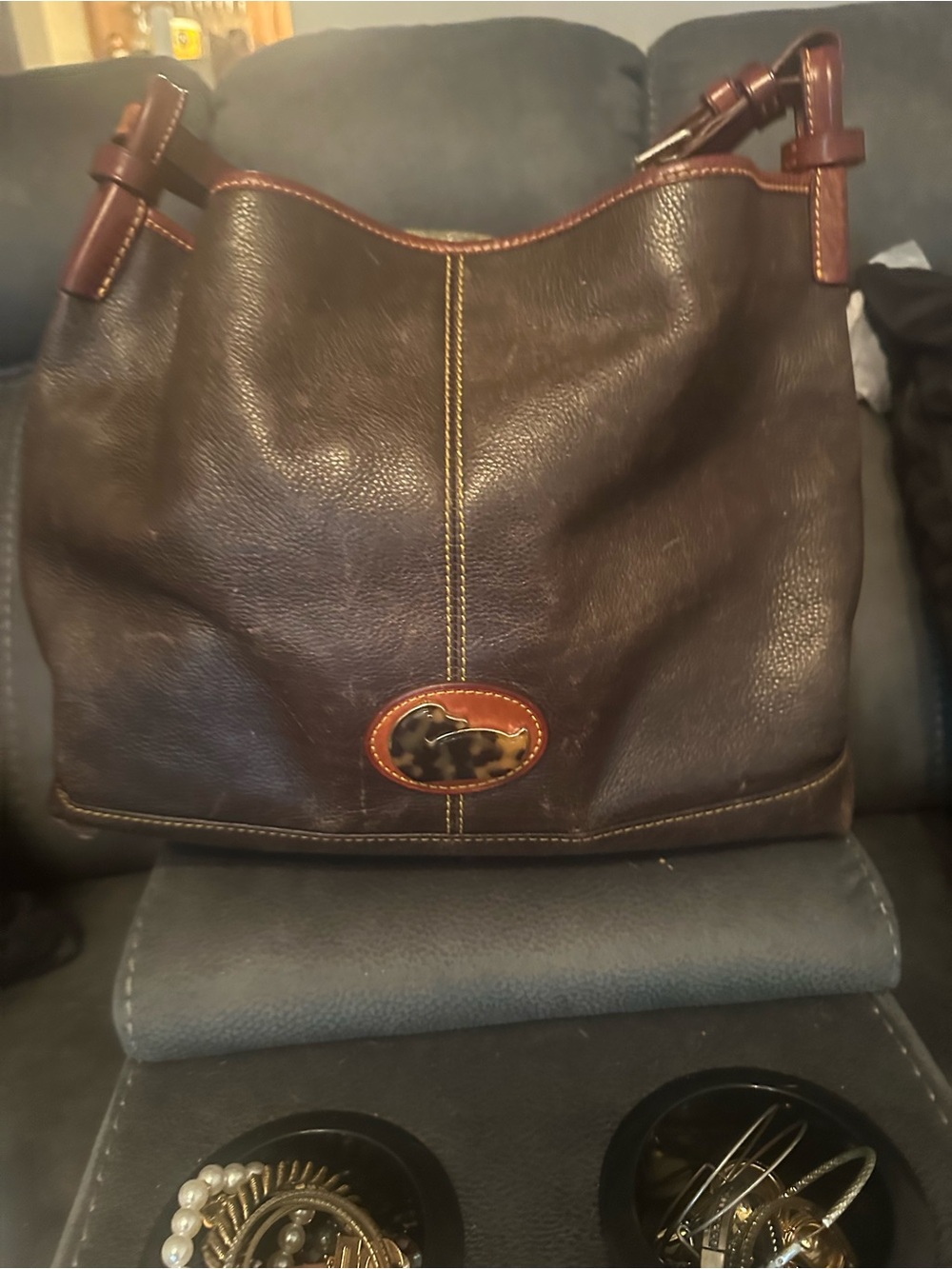 Dooney & Bourke Dark Brown Leather Shoulder Hobo with Tan Trim